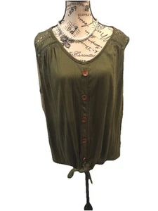 New York Laundry 2X Green Crochet Blouse Sleeveless Tie Waist Wood Buttons - Picture 1 of 6