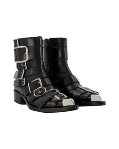 Alexander Mcqueen Buckled Ankle Boots Multi Buckle Metal Toe Cap Women Black - Picture 1 of 4