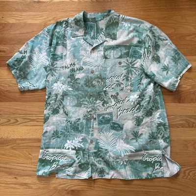 Tulliano Hawaiian SILK  Palms Island Trees Camp Shirt Men Large Short Sleeve - Image 1 of 4