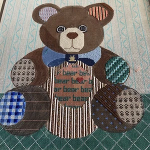 13” TS Designs Handpainted Needlepoint Canvas Started Bear Metallic Threads - Picture 1 of 5