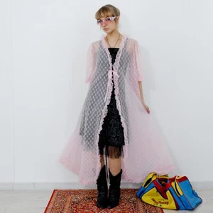 Vintage 80's see-through lace frilly trim robe/gown peignoir in pastel pink - Picture 1 of 6