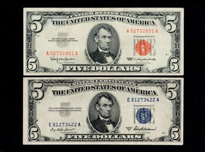 (Two Notes) $5 1963 Red Seal Note & $5 1953-A Blue Seal Silver Certificate (H77 - Picture 1 of 2