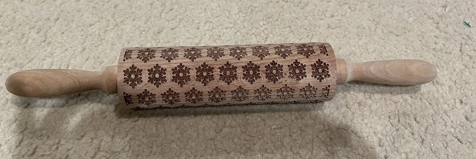 Snowflake Rolling Pin Wooden Roller, Snowflake Embossed. 14” Long. - Image 1 of 3