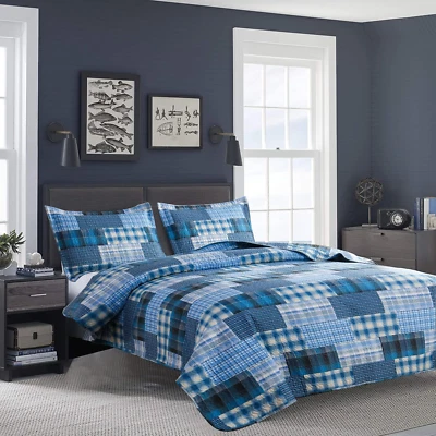 Quilt Set Queen Size Bedspread Coverlet Blue Plaid Full/Queen Blue Black Plaid - Image 1 of 4