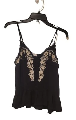 Camiseta sin mangas bordada negra con sombra de ojos Rayón Cami correa ajustable para mujer pequeña Y2k Foto 1 de 4