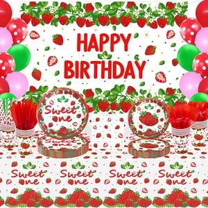 LKITMIUT Strawberry Birthday Party Supplies, 217 Count, Red, Strawberry Design w - Picture 1 of 12