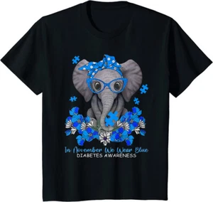 In November We Wear Blue Elephant Diabetes Support Youth Unisex T-shirt - Picture 1 of 6