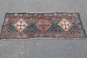 Vintage Worn Hand Made Traditional Oriental Wool Blue Green Small Rug 43x116cm - Picture 1 of 9