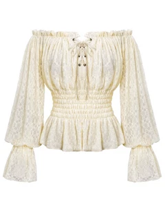 Devil Fashion Womens Steampunk Gothic Off Shoulder Lace Gypsy Top VTG Off White - Picture 1 of 11