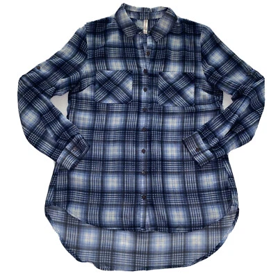 Xhilaration Sheer Blue Plaid Print Button Up Collared Tunic Top Womens Size S - Image 1 of 4