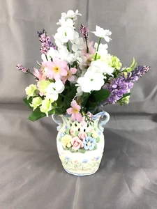 Beautiful White Eyelet Trimmed Vase with Small Raised Flowers Floral Arrangement - Picture 1 of 8