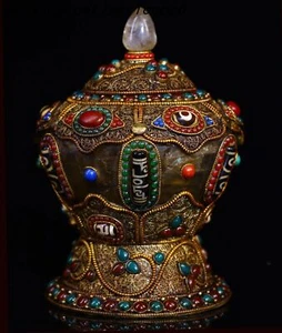 6.8" Tibet natural Crystal bronze gilt silver Gem Tanks Crock pot canister jar - Picture 1 of 9