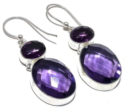 African Amethyst Gemstone Handmade 925 Sterling Silver Jewelry Earrings 1.80" - Image 1 of 4