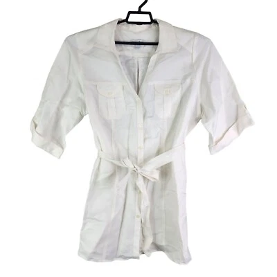 Mujer Blanco Moda Bug Camisa Vestido Manga 3/4 Cinturón Abotonado Talla 1X Foto 1 de 4
