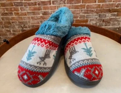 MUK LUKS Sabrina Aqua Fair Isle Clog Slipper Scuff Shoe Faux Fur Lining New - Image 1 of 3
