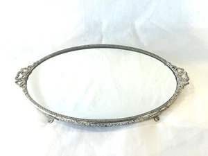 Vintage Silver Vanity Dresser Tray Geometric Design Bows Oval Ornate Mirror 12" - Picture 1 of 12