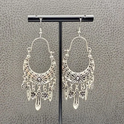 Boho Silver Tone Dangle Chandelier Earrings Floral Feather Charms Hook 3 Inch - Image 1 of 4