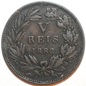 Portuguese 5  Réis Coin 1882 KM# 525 Portugal Luíz I Five Reis - Picture 1 of 2