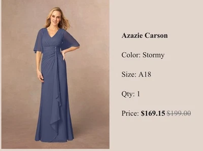 Azazie A-Line Princess V-Neck Long Dress Stormy Blue Gray Carson A18 18 - Image 1 of 4