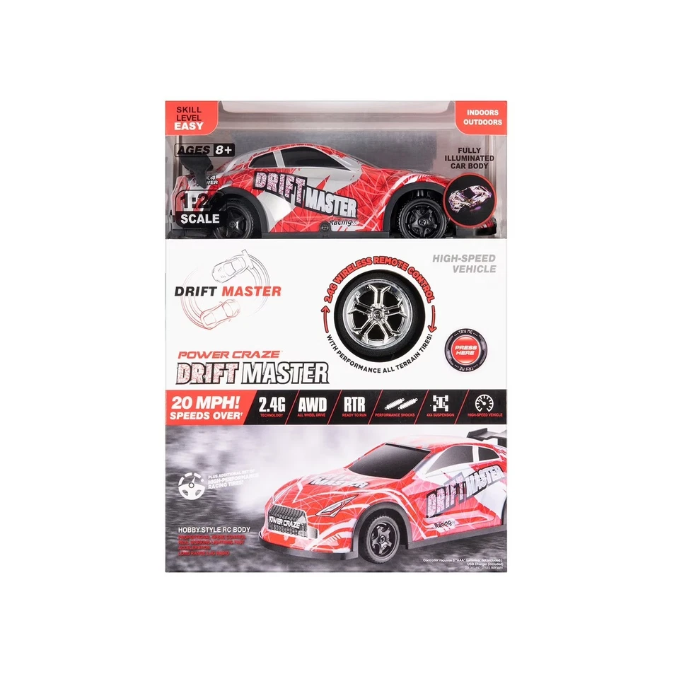 Power Craze Drift Master Remote Control Car, Red and White, 1:24 Scale RC Drift - Image 1 of 4
