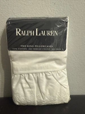 Vintage Ralph Lauren WHITE Bromley Lace King Pillowcases Ruffled Eyelet NOS - Image 1 of 4