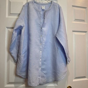 SIGRID OLSEN 1X Blue Blouse 100% Linen Roll Tab Button Up Pockets Beach Coastal - Picture 1 of 19