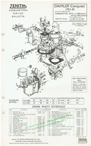 DAIMLER CONQUEST 1953-55 ZENITH 42VIS CARBURETTER SERVICE BULLETIN/PARTS LIST - Picture 1 of 1