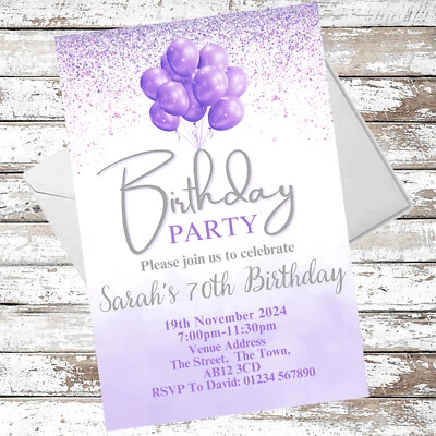 TOPACAKE PERSONALISED ANY AGE BIRTHDAY PARTY INVITATIONS PURPLE ANY AGE 18th 21st 50th