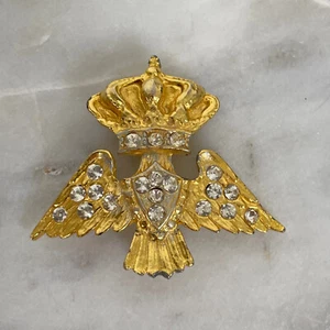 Vintage Gold Tone CROWN EAGLE WINGS BROOCH Royal Queen Rhinestone Jewelry 50s ? - Picture 1 of 9