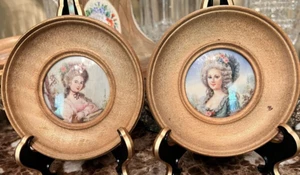 Paar Vintage/antik Frankreich bemaltes Porträt Dame signiert konvex Goldrahmen Miniatur - Bild 1 von 13