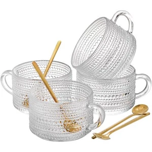 Set of 4 Glass Coffee Mugs 14 Oz Clear Glass Cups with Golden Spoons Vintage ... - Picture 1 of 9