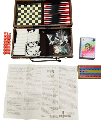 Vintage Cribbage Backgammon Checkers Faux Leather Case Dominoes Cards - Image 1 of 4