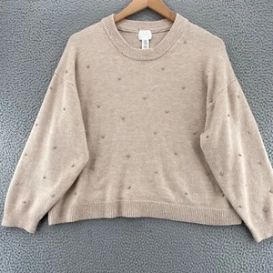 H&M Sweater Womens XXL Ivory Wool Blend Silver Beaded Stretch Everyday Pullover - Picture 1 of 11