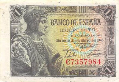 Spain  1  Peseta  21.5.1943  P 126a  Series C ERROR  Circulated Banknote LBB - Image 1 of 2