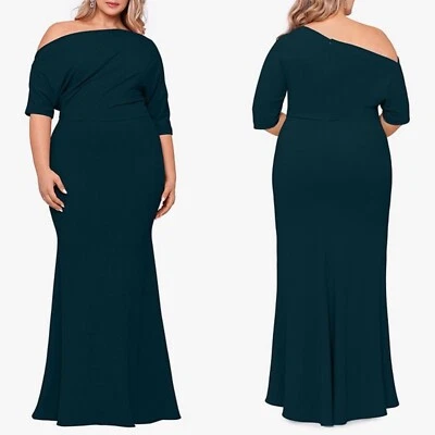 NEW BETSY & ADAM Pine ONE SHOULDER Draped Stretchy CREPE Scuba TRUMPET GOWN 18W - Image 1 of 4