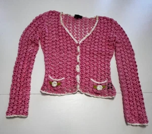 Rare Vtg Betsey Johnson Loose Knit Cardigan Pink & White w Pockets & Roses Sz M - Picture 1 of 15