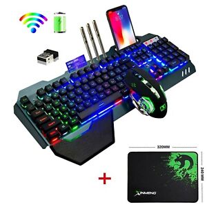 Mechanical Feel Gaming Keyboard Mouse Set Wireless Rainbow/RGB Backlit 104Key UK