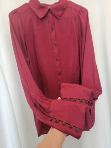Free People Button Down Shirt Red Size S Long Bishop-Style Sleeve - Picture 1 of 12