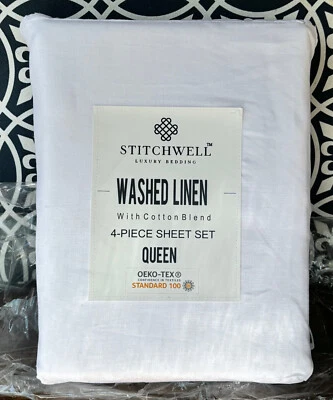 STITCHWELL Linen Cotton Blend Washed WHITE Sheet Set - QUEEN (fits 17" mattress) - Image 1 of 4