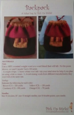 Pick Up Sticks Felted Backpack Purse Bag Tote 8.5x5.5" brochure Icord drawstring - Image 1 of 3