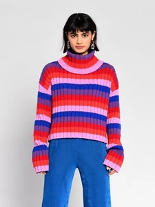 Polo Neck Chunky Jumper Stripe Glamorous Long Sleeve BNWT RRP £42 Purple/Red - Picture 1 of 8