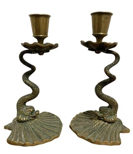 Vintage Sea Serpent Brass Seashell Candlesticks 6.25” - Picture 1 of 9