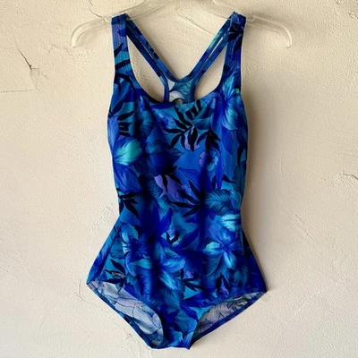 Traje de baño Speedo vintage años 90 de una pieza espalda deportiva azul púrpura floral talla 12 Foto 1 de 4