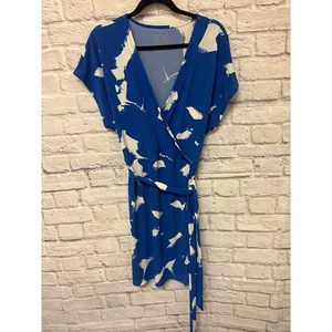 Nine West Blue White Abstract V-Neck Short Sleeve Wrap Dress Midi SZ XL NWOT - Picture 1 of 5