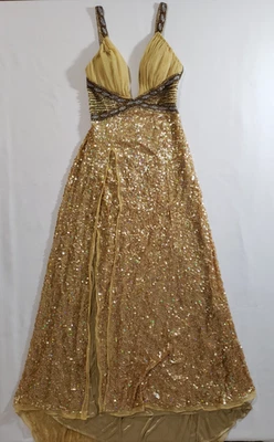 Vivace by Cassandra Stone Gold Sequin Long Dress size M Front Slit Sleeveless * - Image 1 of 4