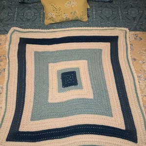 Handmade Crocheted Baby Blanket In Blue And White Large - Picture 1 of 7