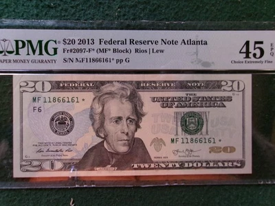 2013 $20 Federal Reserve "Star" Note PMG 45 EPQ (Trinary) - Image 1 of 2
