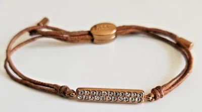 Fossil Unisex Adjustable Brown Leather/Metal Feather Clear Stones Bracelet - Image 1 of 4