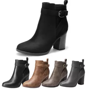 Women Classic Round Toe High Chunky Block Heel Zip Up Ankle Booties - Picture 1 of 42