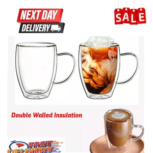 Double Wall Insulated Glass Coffee Temperature Resistan Mug Cup Handle 350ml - Picture 1 of 4